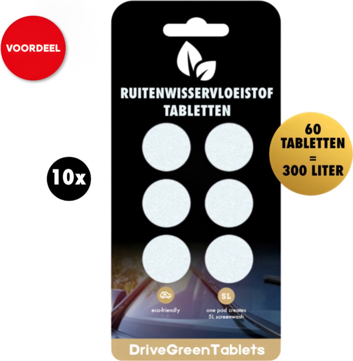 DriveGreenTablets | 300 Liter - Ruitensproeiervloeistof - Geconcentreerde Ruitenwisservloeistof - Sterke Reiniging - 60 Tabletten - Ruitenwisservloeistof Tabletten - Milieuvriendelijk - Autoverzorging - All Seasons