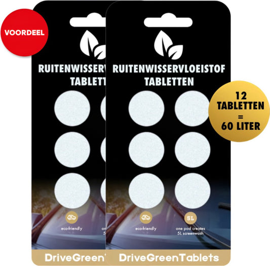 DriveGreenTablets | 60 Liter - Ruitensproeiervloeistof - Geconcentreerde Ruitenwisservloeistof - Sterke Reiniging - 60 Tabletten - Ruitenwisservloeistof Tabletten - Milieuvriendelijk - Autoverzorging - All Seasons