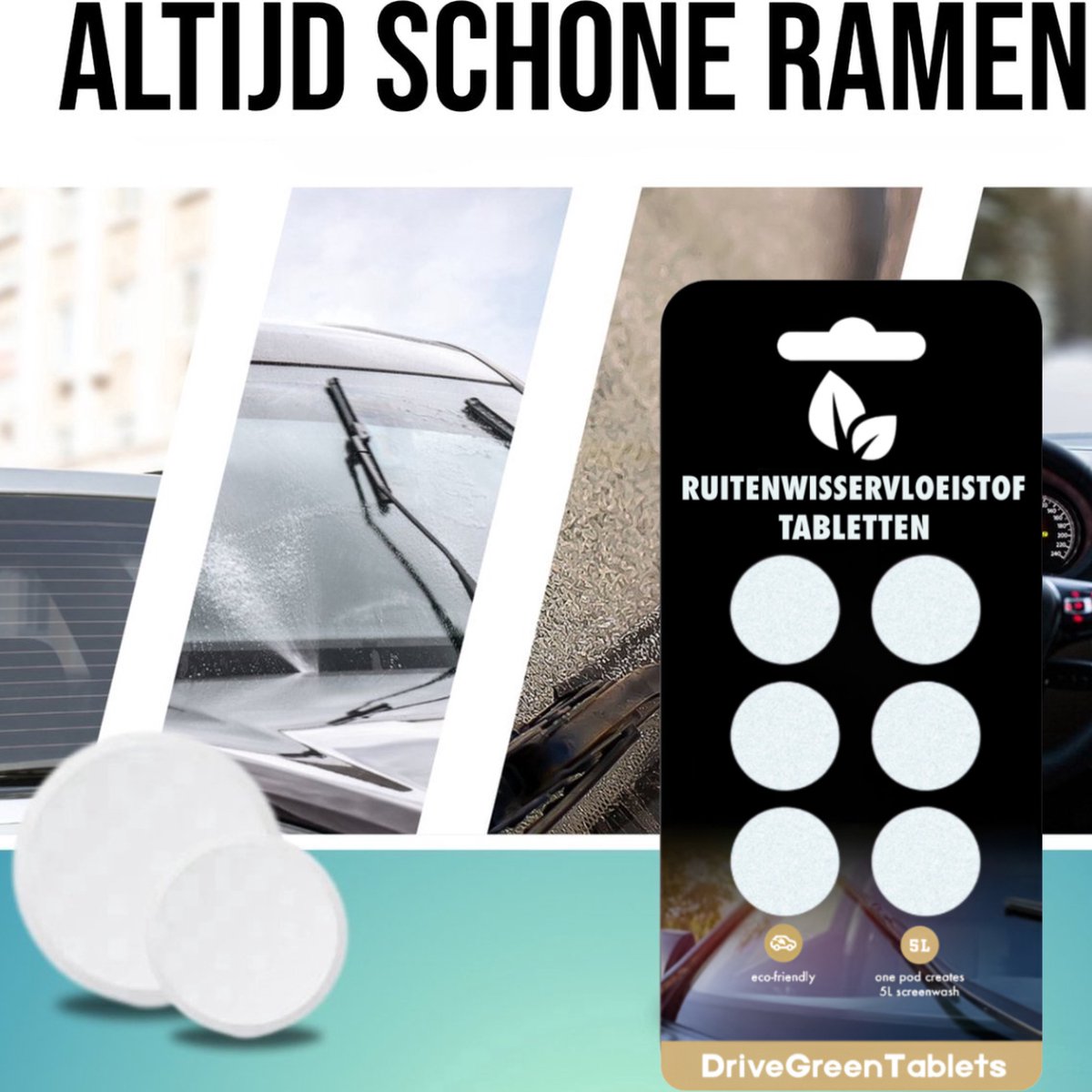 DriveGreenTablets | 120 Liter - Ruitensproeiervloeistof - Geconcentreerde Ruitenwisservloeistof - Sterke Reiniging - 60 Tabletten - Ruitenwisservloeistof Tabletten - Milieuvriendelijk - Autoverzorging - All Seasons