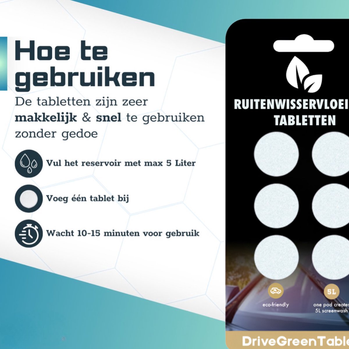 DriveGreenTablets | 120 Liter - Ruitensproeiervloeistof - Geconcentreerde Ruitenwisservloeistof - Sterke Reiniging - 60 Tabletten - Ruitenwisservloeistof Tabletten - Milieuvriendelijk - Autoverzorging - All Seasons