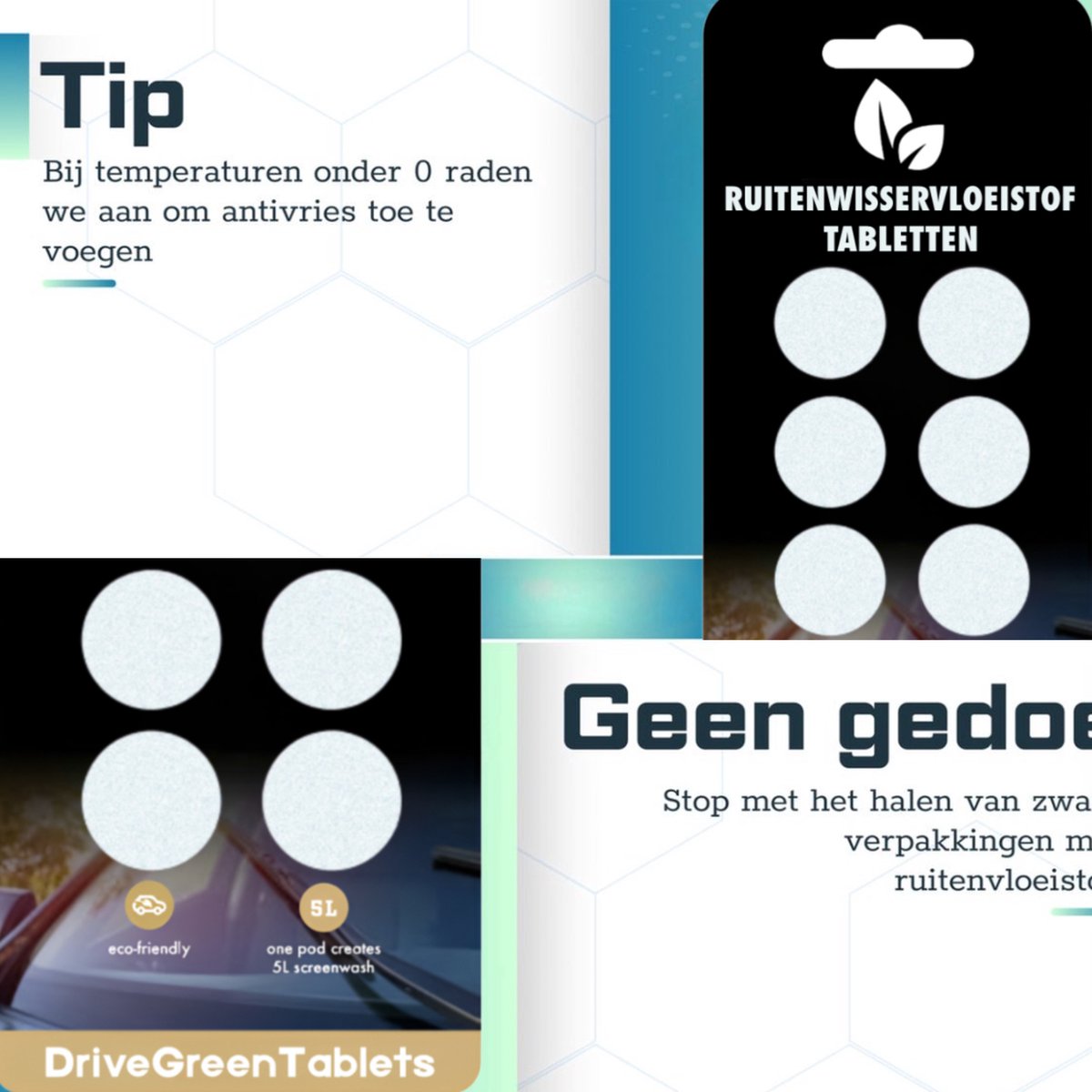 DriveGreenTablets | 120 Liter - Ruitensproeiervloeistof - Geconcentreerde Ruitenwisservloeistof - Sterke Reiniging - 60 Tabletten - Ruitenwisservloeistof Tabletten - Milieuvriendelijk - Autoverzorging - All Seasons